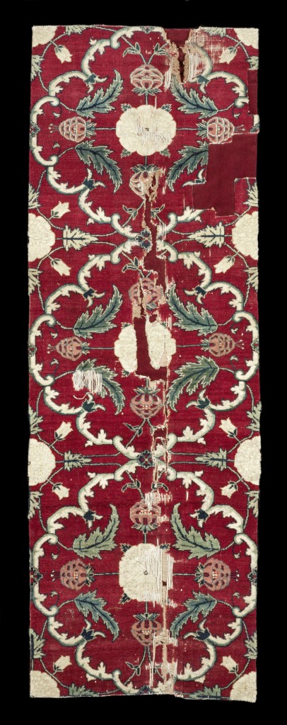 Mughal pashmina floral lattice carpet fragment, north India, 17th century. 