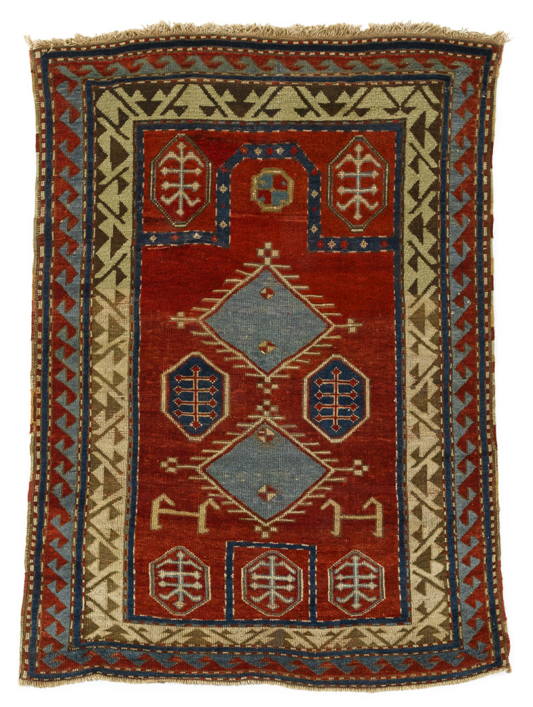 Borjalu Kazak prayer rug, southwest Caucasus, late 19th century, 4 ft. 9 in. x 3 ft. 9 in. (1.45 by 1.14m). Estimate $1,200-1,800 