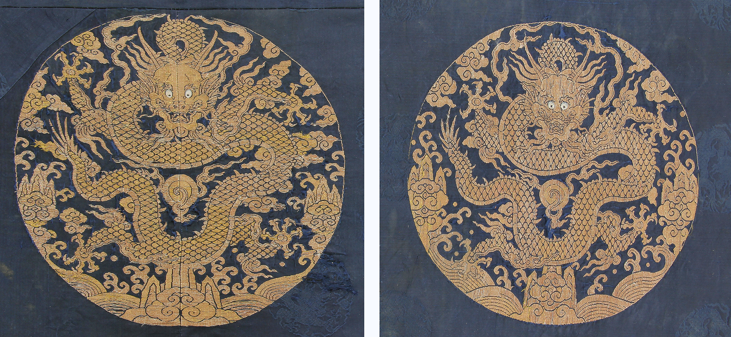 Imperial dragon roundels, 17th/18th century, China. Silk and gold thread. Galerie Arabesque, Stuttgart