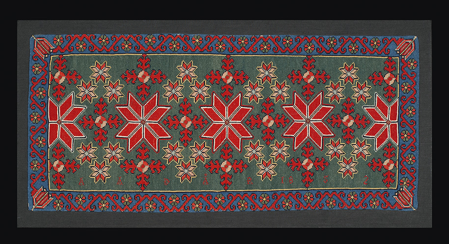 Embroidered dowry, agedyna, Skane, southern Sweden, initialled and dated 1852. Clive Loveless