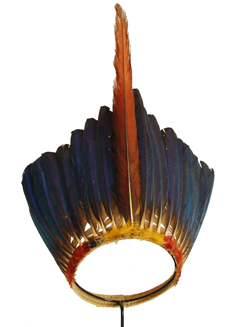Amazonian macaw feather headdress on a cane and cotton band, Jivaro, lowlands, 1st half of the 20th century. Stothert & Trice, London
