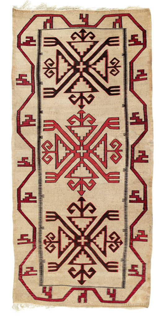 Lot 200, Chibta, flatwoven reeds with woollen embroidery, Daghestan, northeast Caucasus, early 20th century. Estimate €6,000.
