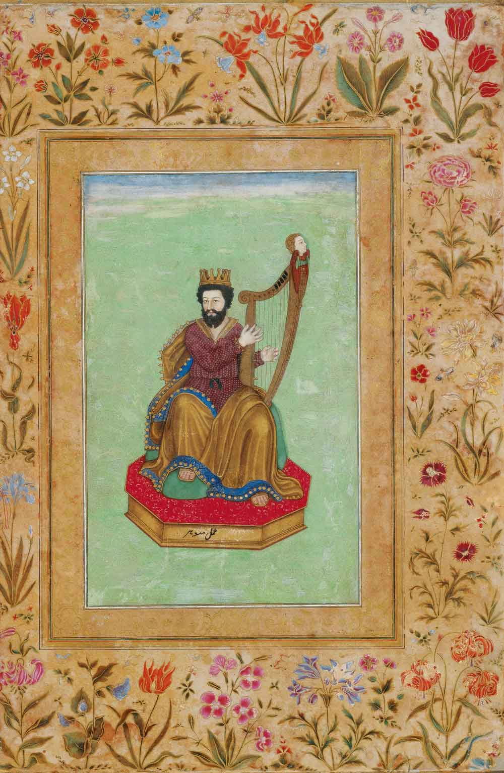 Album leaf with naturalistic flowers, India, Mughal; c. 1630-1640 The Great Mughal Jahangir (r. 1605-1627) was captivated by nature, both animals and plants, and depictions of them and court portraits achieved a high degree of naturalism during his reign. This trend continued under his son Shah Jahan (r. 1628-1657), from whose early reign the border of this album leaf probably dates, though the painting of King David is from Jahangir’s reign. Jahangir is said to have become interested in flowers during a trip to Kashmir in 1620, but the European engravings and paintings that had already arrived at the Delhi court during the reign of his father, Akbar (r. 1556-1605), were also an important factor. David was copied directly from a Flemish engraving, and the flowers were influenced by contemporary European botanical works, florilegia.