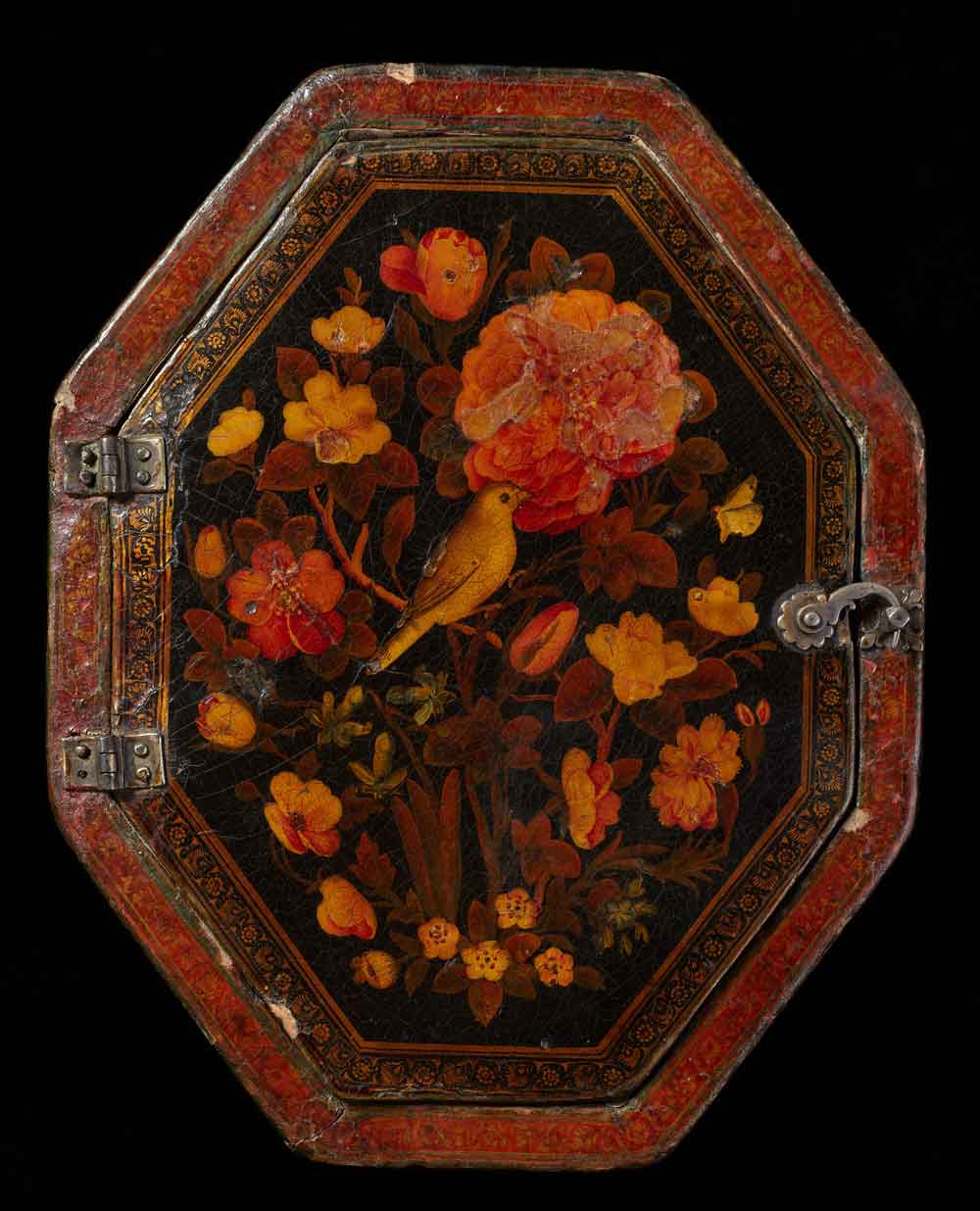 Lacquer mirror with rose and nightingale, Iran; 18th century A common motif in poetry through-out the Islamic world, one that was also very popular in visual art from the 17th to the 19th century, is the rose and the nightingale – gol o bolbol. The rose stands for sublime feminine beauty; the nightingale symbolizes the male admirer. Together they are a symbol of love and at times a metaphor of the impossible or unattainable love. The Great Mughal Akbar wrote the following verse: “It is not dewdrops that fall on the rose / They are only tears from the nightingales.” The rendition of the bashful nightingale and the luxuriant flora with roses, branches of common St. John’s wort, and other plants both come from a time when naturalistic models from Europe influenced Persian painting.