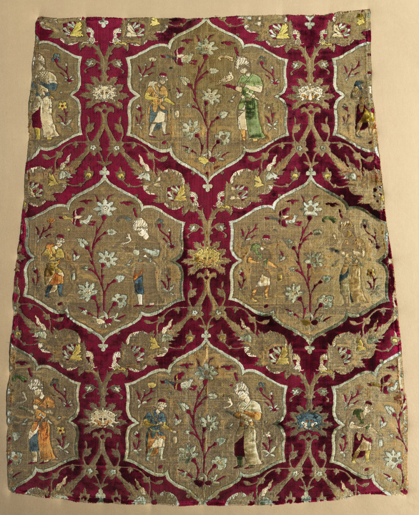 Brocaded velvet kaftan fragment with falconer and attendant, Iran, mid 1500s. Silk, gilt-metal thread; brocaded velvet, pile-warp substitution; 79.40 x 66.70 cm. The Cleveland Museum o f Art, Purchase from the J. H. Wade Fund 1944.239