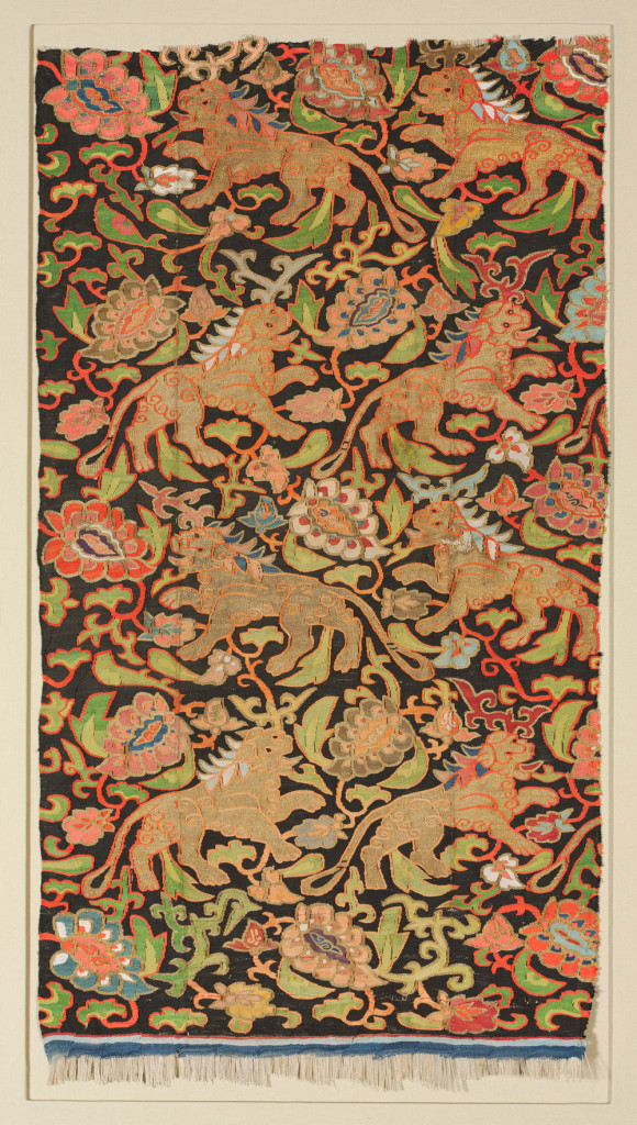 'Golden lions and palmettes' silk tapestry fragment, Central Asia, 1200s or earlier. Ilkhanid (Mongol) period. Silk, gold thread; tapestry weave; 63.50 x 34.70 cm. The Cleveland Museum of Art, Purchase from the J. H. Wade Fund 1991.3