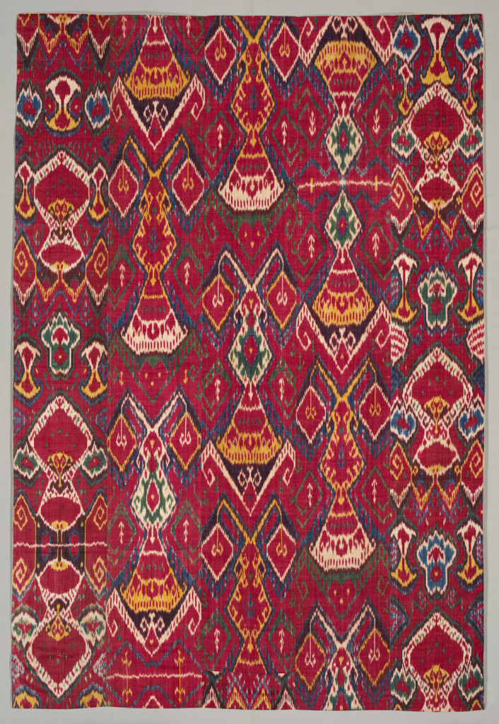 Silk ikat wall hanging, Bukhara, Uzbekistan, 1800–1850. Silk warp, cotton weft; warp ikat, warp-faced plain weave; 208.90 x 141.60 cm. The Cleveland Museum of Art, Gift of Guido Goldman 2006.150