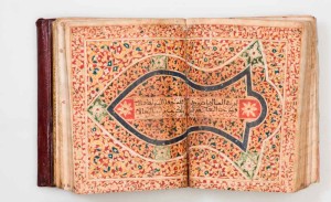 An extensively illuminated copy of the Dala’il al-khayrat of al-Jazuli and other prayers, including several pages with the names of Allah and Muhammad written in a large, decorative script, two diagrammatic drawings of al-hujrah al-sharifah and al-rawdah al-mutahharah at the Prophet’s mosque in Medina, as well as a two-page illustration of the Prophet’s sandal; Morocco, copied by Muhammad bin ‘Abd al-Qadir al-Rabati, AH 1254 (1838 AD), 23 x 18 cm (page)