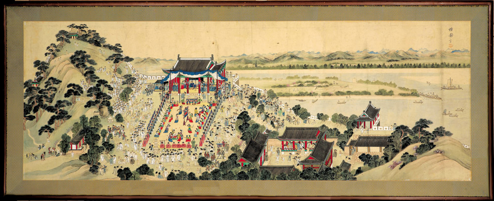 Welcoming ceremonies for the governor of Pyeong-an: Celebration at Bubyeok Pavilion, attrib. to Kim Hongdo (Korean, 1745–approx. 1806), Joseon dynasty (1392–1910). Ink and colors on paper, H. 28 x W. 77 3/8 in. (painting only). Courtesy of National Mu