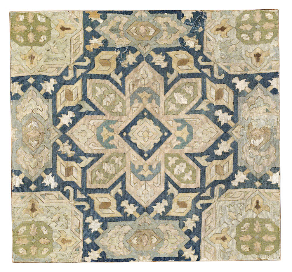 Azerbaijan silk embroidery, southeast Caucasus, mid-18th century., 67 x 63 cm.  Rippon Boswell, Wiesbaden, 30 November 2013, lot 126, estimate €312,000