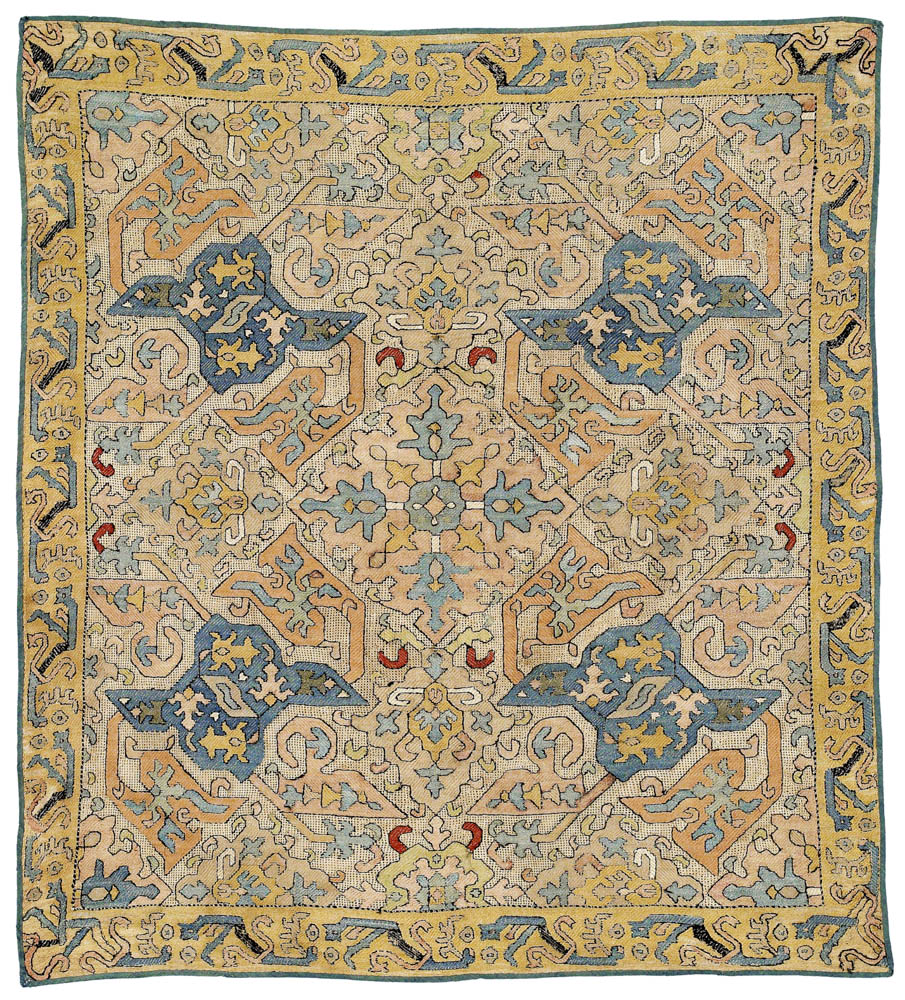 Azerbaijan silk embroidery, southeast Caucasus, first half 18th century., 80 x 89 cm.  Rippon Boswell, Wiesbaden, 30 November 2013, lot 131, estimate €34,500
