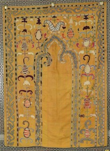 Lot 818, Suzani prayer embroidery, ca. 1900, with gold ground; 4 ft. x 3 ft. Estimate $800-1,200