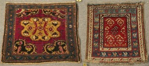 Lot 857, Two Caucasian mats, ca. 1900, 2 ft. x 1 ft. 10 in. and 1 ft. 6 in. x 1ft. 5 in. Estimate $300-500