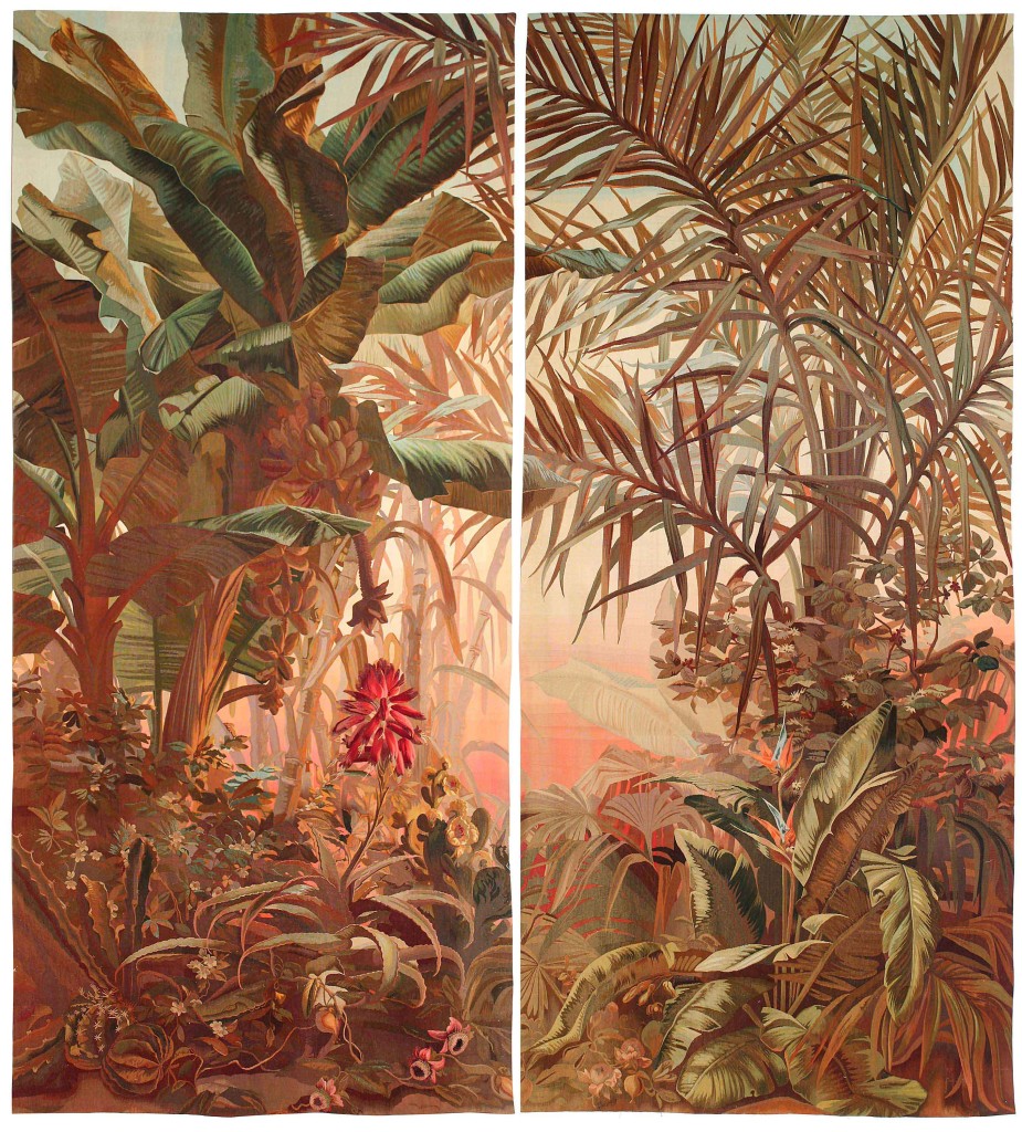 Galerie-Chevalier-set-of-2-tapestries-with-an-exotic-decor-of-banana-&-palm-trees,-with-bird-of-paradise-flower-probably-woven-in-France,-H-4,10-x-W-1,90-m,-Circa-1920