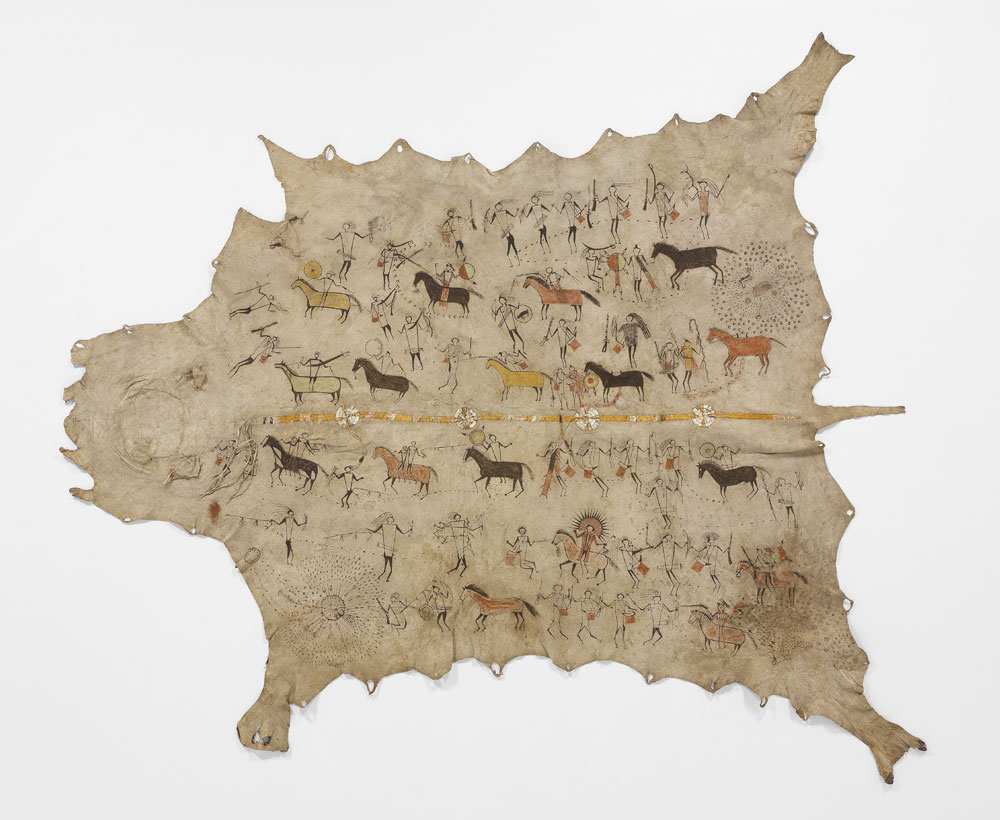 Buffalo skin, porcupine quills and paint, 224 x 148 cm Painted Skin recounting the wartime exploits of a Sioux, Mandan or Arikara chief. © musée du quai Branly, photo Patrick Gries, Valerie Torre