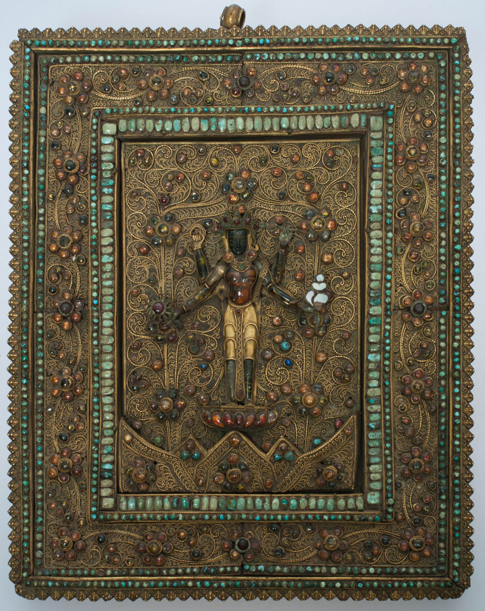  Bohemian National Hall Robyn Buntin of Honolulu Nepalese Vishnu Plaque, 18th-19th Century, 14-1/4" x 11-1/2", Gilt bronze, mother of pearl, stones, glass, turquoise