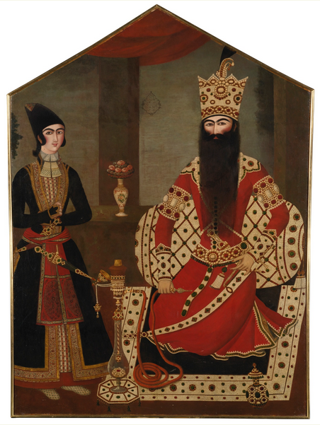 Lot 87, A Qajar Royal portrait of Fath 'Ali Shah attended by a Prince, attributed to Mihr 'Ali, Persia, circa 1820 Estimate £1,500,000 — 2,500,000