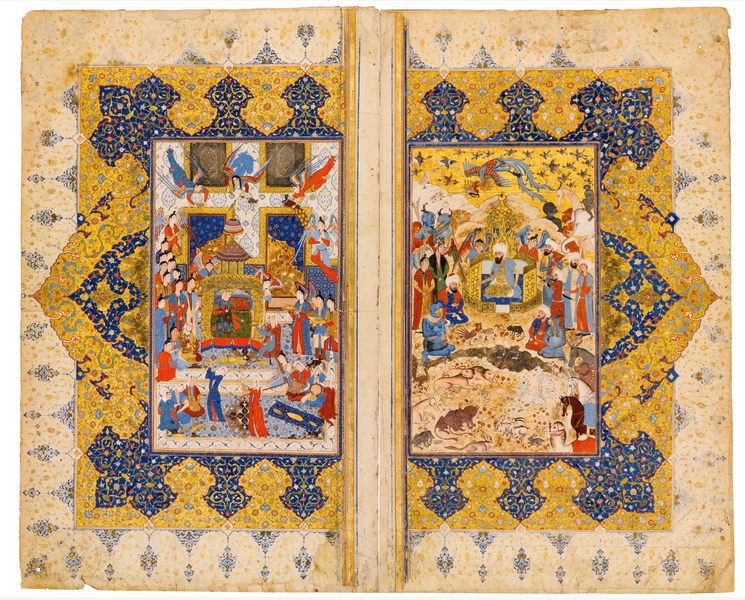 Lot 11, A manuscript of Firdausi's Shahnameh: Suleyman and Bilqis enthroned with courtiers, animals, birds and jinns, and the illuminated opening of the Baysunghuri preface, Persia, Safavid, Shiraz, 16th Century Estimate £25,000 — 30,000