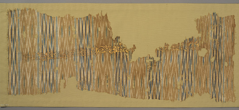 Cotton tabby with warp ikat pattern, ink, gold leaf Yemen, 10th century