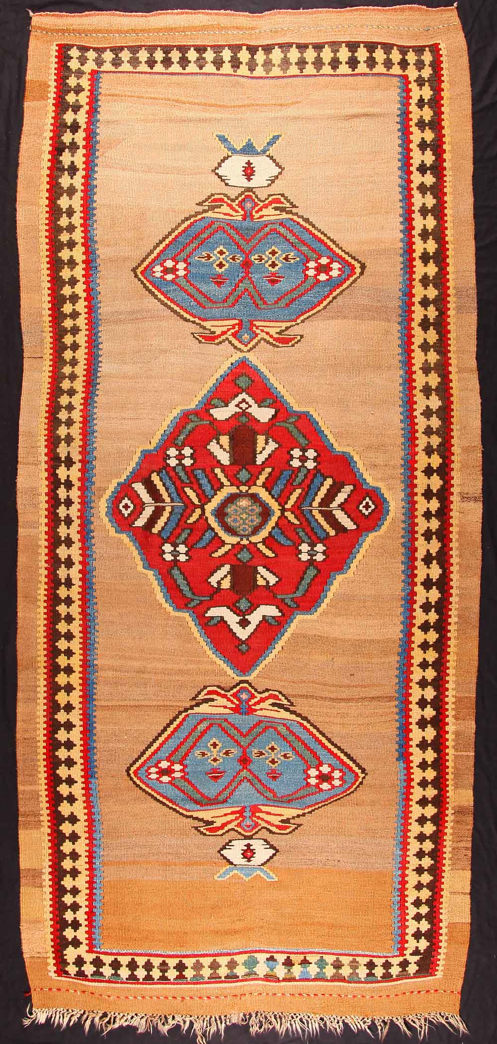 Bijar area kilim, late 19th century, West-Persia, Kurdistan, 154 x 366 cm. An interesting and rare example of a stylised bug-motif. Neiriz Collection on view in 100 Kilims at Halle Germany