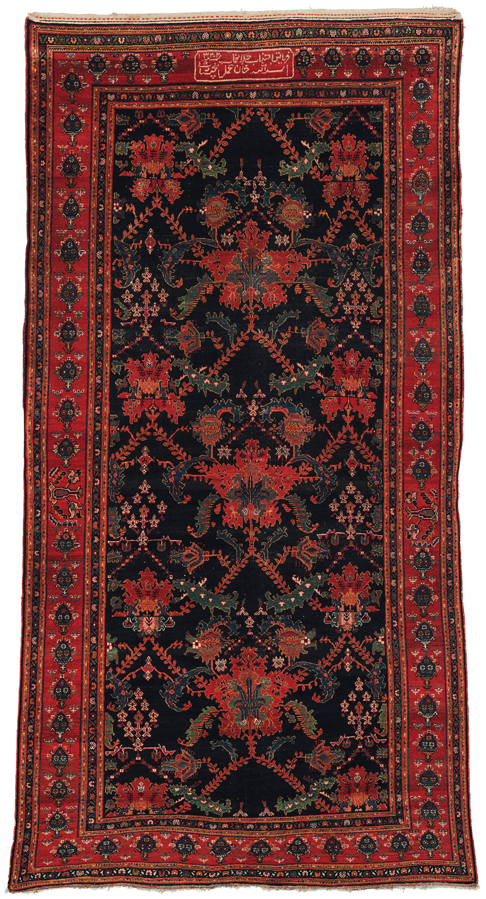 The Opulent Eye auction, Christie's New York 18 November, Bakhtiari carpet, west Persia, dated 1904-1905 AD/AH 1322, 409cm x 206cm (13'5" x 6'9"), estimate $8,000 - 12,000