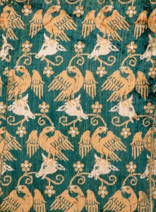 Velvet showing eagles and cows’ heads; one of the earliest known examples of a velvet with a figurative design. Italy, last quarter 14th century, silk. Abegg-Stiftung, 171