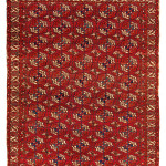 Tekke main carpet Turkmenistan, ca. 1800, 7ft. 4 in. x 6ft. 2 in. Lot 11, Azadi Collection, Austrian Auction Company, 19 November, estimate: € 20.000 – 30.000. The ivory ground ‘curled-leaf’ border defines this exceptional carpet as a rare beast. A few other carpets with this border have belonged to two English collectors: the Robert Pinner carpet now in a German private collection, and Neville Kingston’s carpet recently published in Turkmen Carpets (Tsareva, 2015, no.23). The rare secondary diamond gul, and tall main Tekke göls help to convey the multiple layers of the design grid implied by the numerous vertical and horizontal lines that run throughout the composition.