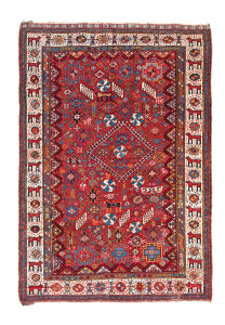 Shekarlu rug, Qashqa’i tribe, southwest Persia, ca. 1860, 7ft. 0 in. x 5ft. 2 in. Lot 24, Azadi Collection, Austrian Auction Company, 19 November, estimate: €7.000 – 9.000. Siawosch Azadi is well known for his work on Turkmen weaving as well as Persian tribal rugs, and this carpet represents perhaps the best Fars area carpet in his collection. The field and border of this rug are not typical, the pride of lions patrolling between the hooked octagons in the border is particularly rare. Two examples published by James Opie in Tribal Rugs (1992, fig. 10.6-10.7) have lions in the field, but these are on white grounds and lack the density of decoration, profusion of unusual motifs and clarity of colour of the present example. The relatively low estimate should mean a good result in the auction.