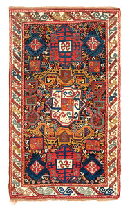 Zakatala rug, Caucasus, mid 19th century, 7ft. 7in. x 4ft. 6in. Lot 168, Austrian Auction Company, 19th November, estimate: € 20.000 – 30.000 This group of rugs was first identified in a 1994 article in HALI 78 by Tony Hazeldine, who classified a group of hitherto unknown rugs in the mosque of the eponymous capital of the region. They are typically associated with rugs with long fleecy pile but minimal designs and with limited palettes. This rug must be best of type from this little known weaving region, and combines elements associated with design such as Pinwheel designs and the ram’s horns seen on Perpedils. The slight corrosion of the brown ground gives the sharp outlines of the hooks a dynamic quality and allows the colours to stand out in away that is not seen in other rugs.