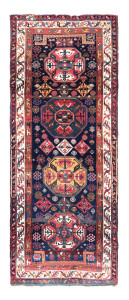 Kurdish long rug, west Persia, late 19th century, 13ft. 11in. x 5ft. 7in. Lot 179, Austrian Auction Company, 19th November, estimate: € 4.000 – 6.000. This interesting rug seems to have a design little known in pile rugs and echoes those seen on mafrash panels and sumakh bags. Although it is attributed to Kurdish tribes around Karaja in northern Iran, a n area with Azeri, Shahsavan and Talish populations. The addition of two prayer arches either end of the field mark this out as being a more interesting weaving deserving of collector interest.