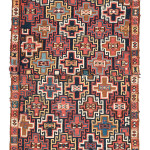 Moghan sumakh, Azerbaijan, second half 19th century, 3ft. 2in. x 1ft. 9in. Lot 187 Austrian Auction Company, 19th November, estimate: €1.400 – 1.800. Although offered in a previous sale, this unusual sumakh bag is made up of two bags face fragment sewn together. The colours and wool quality of the bags from the Moghan area of the Transcaucasian region are always exceptional and reflect those of the rugs and flatweaves. There are only a few sumakh bags with the all-over Memling göl design, the best of which is in a US private collection. Although damaged the exceptional quality of this fragment is worthy of addition to any good collection.