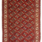Eagle Group II Main Carpet, Turkmenistan, first half 19th century. 306 x 180 cm (10ft. x 5ft. 11in.) Published: „Turkmenische Teppiche – ein neuer Ansatz“, Jürg Rageth, 2016, Nr. 115; Warp: wool, weft: wool and cotton, Pile: wool. Lot: 166, Austrian Auctions, Vienna, 22 April, Estimate: € 40.000 – 60.000. This Yomut main carpet was first published nearly one hundred years ago in Hartley Clarkes Bokhara, Turkmen and Afghan Rugs from 1922. Looking at the field design of dyrnak guls, the minor border and the overall colouration hints that this carpet might belong to the ‘Eagle Group’ but without depicting any ‘birds’. First identified by Anette Rautenstengel the group typically is piled asymmetrical open to the right and has some cotton in the wefts as in this example. For Jürg Rageth, the drawing and the abundance of additional motives in the main border indicated a date in the 19th century but the high quality of the rug makes a date later than the mid-19th century unlikely. The alems are quite remarkable showing cartouches filled with stacked diamonds. Within the alem and in the upper field are numbers of little animals woven in yellow. Since its first publication in 1922 no other comparable example as surfaced.