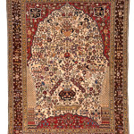 Qashqai Millefleur, Persia, second half 19th century. 208 x 157 cm (6ft. 10in. x 5ft. 2in.); Warp: wool, weft: silk, pile: wool. Lot: 158, Austrian Auctions, Vienna, 22 April, Estimate: € 14.000 – 18.000. The origins of this design were discussed in relation to a silk Qashqa’i rug from the Azadi Collection in the November 2016 sale, in which the arguments that Cyrus Parham, Iran’s leading rug scholar, puts forward about the Iranian rather Indian origins for this design were laid out. The rugs made in the workshops of the Qashqa’i tribe in the 19th century with this design show a remarkable consistency in design and colour through to the introduction in the early 20th century of an additional inner border to the field. There are two ways in which to distinguish the better examples within this group: the first being the use of natural dyes combined with silk wefts in the foundation as occurs in this example here; the second relates to the drawing of the millefleur field pattern. In the finer and older examples, the spacing between the flowers is greater and the movement of the design rises through the design rather than simply becoming a profusion of flowers filling all of the ground.