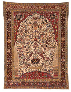 Qashqai Millefleur, Persia, second half 19th century. 208 x 157 cm (6ft. 10in. x 5ft. 2in.); Warp: wool, weft: silk, pile: wool. Lot: 158, Austrian Auctions, Vienna, 22 April, Estimate: € 14.000 – 18.000. The origins of this design were discussed in relation to a silk Qashqa’i rug from the Azadi Collection in the November 2016 sale, in which the arguments that Cyrus Parham, Iran’s leading rug scholar, puts forward about the Iranian rather Indian origins for this design were laid out. The rugs made in the workshops of the Qashqa’i tribe in the 19th century with this design show a remarkable consistency in design and colour through to the introduction in the early 20th century of an additional inner border to the field. There are two ways in which to distinguish the better examples within this group: the first being the use of natural dyes combined with silk wefts in the foundation as occurs in this example here; the second relates to the drawing of the millefleur field pattern. In the finer and older examples, the spacing between the flowers is greater and the movement of the design rises through the design rather than simply becoming a profusion of flowers filling all of the ground.
