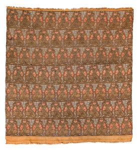 Safavid Textile,Persia, 18th century. 76 x 71 cm (2ft. 6in. x 2ft. 4in.); Warp: silk, weft: silk. Lot: 178, Austrian Auctions, Vienna, 22 April, Estimate: € 7.000 – 9.000. During the first third of the 17th century Shah Abbas concentrated textile production in his new capital Esfahan. He gained control over the silk producing Caspian provinces and due to reconquering the harbours in the Persian Gulf controlled the trade to India and China. Silks produced at that time were derived from court art and produced in the Imperial workshops. Designs were taken from miniature paintings depicting hunting scenes, garden settings and stories from the Shahnama. Typical as well is a design of single flowers in a row. A possible connection to European herbals with their depictions of single plants has been made in terms of the art of the moguls. In this piece we not only see one single flower rising out of an earth mound but another plant form next to it. Behind in the distance we see the light blue coloured shape of another single flower with tilted head.