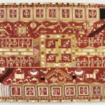 Sainchi Phulkari, 20th century. Artist/maker unknown, Punjabi. Handspun cotton plain weave (khaddar) with silk, cotton, and wool embroidery in darning, pattern darning, buttonhole, herringbone, running, chain and Cretan stitches, 7 feet 5 1/2 inches × 48 1/2 inches (227.3 × 123.2 cm). The Jill and Sheldon Bonovitz Phulkari Collection.
