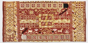 Sainchi Phulkari, 20th century. Artist/maker unknown, Punjabi. Handspun cotton plain weave (khaddar) with silk, cotton, and wool embroidery in darning, pattern darning, buttonhole, herringbone, running, chain and Cretan stitches, 7 feet 5 1/2 inches × 48 1/2 inches (227.3 × 123.2 cm). The Jill and Sheldon Bonovitz Phulkari Collection.