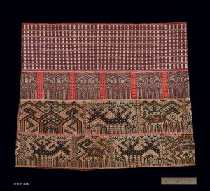 Skirt, China Li Run, Early 20th-Mid 20th Century. 1' 3" x 1' 1/2" (38.1 x 31.8cm); Cotton; supplementary warp float, supplementary weft float. Short tube skirt constructed of three strips of supplementary weft float and one strip of supplementary warp float techniques. Run dialect. Roger Hollander Collection - Primary collection