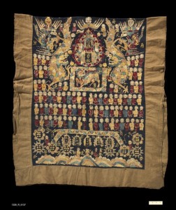 Robe, China Yao, Early 20th-Mid 20th Century. 3' 2 1/2" x 3' 8" (97.8 x 111.8cm); Cotton cloth, silk thread. Shaman's robe; open full length tunic robe of coarse cotton tabby cloth with panels forming two front sections and solid back; sides and ends left unfinished, raw edges. Embroidered in silk. Roger Hollander Collection - Primary collection