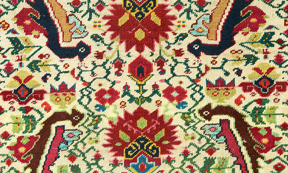 Karabagh pile rug with European-influenced design (detail), south Caucasus, ca. 1880, 1.27 x 2.25 m (4' 0" x 7' 5"). Aaron Nejad Gallery, London