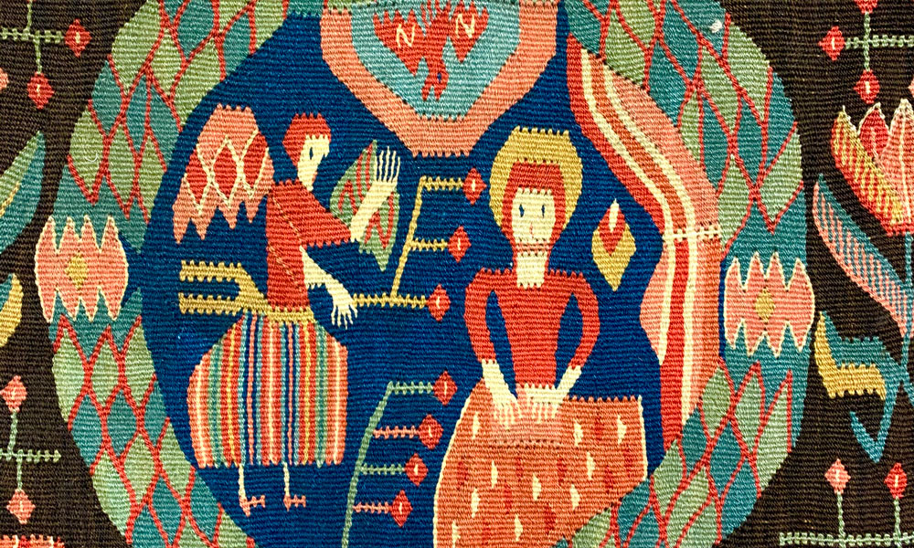 Flamskväv (tapestry-weave)cushion cover with a scene of the Annunciation (detail), Skåne, southern Sweden, ca. 1800. Andy Lloyd, Bath