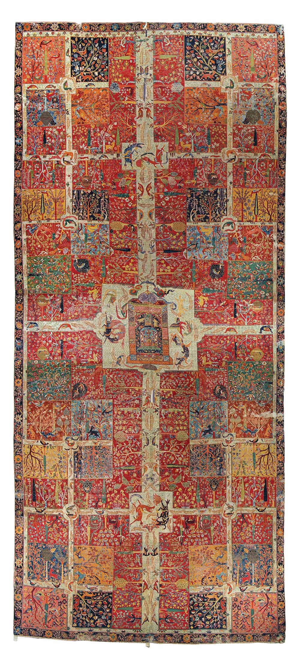 Safavid chaharbagh carpet, Kerman, south Persia, late 16th or early 17th century. Asymmetrically wool pile, ca. 4,700 knots/dm2 (ca. 305/in2) on Z4S ivory cotton warps, alternately depressed, and 3 weft shoots of multicoloured fine wool, cotton and silk wefts, 3 shoots, 3.84 x 8.53m (12'7" x 28'0"). According to Chandramani Singh the garden carpet was purchased in 1632 by Mirza Raja Jai Singh from Lahore for the Amber Palace (Treasuresofthe AlbertHallMuseum, Jaipur, Ahmedabad 2009, p.103). Albert Hall Museum, Jaipur, no.681/225. Photo courtesy Government of Rajasthan Department of Archaeology and Museums/Mapin Publishing