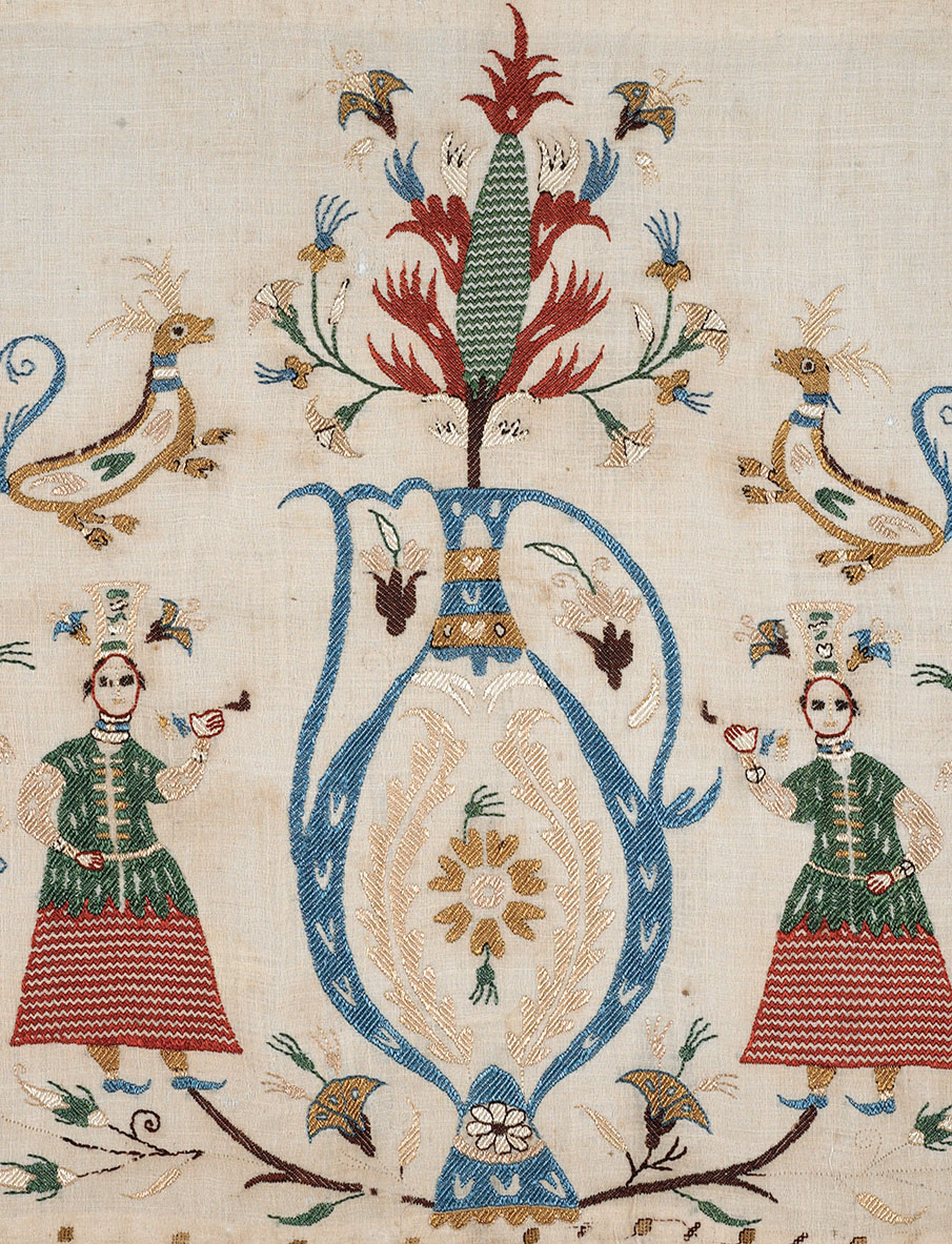 Skyros embroidered bedspread (detail). Listed by A.J.B. Wace as: ‘1018 Part of Bedspread Skyros, Silk on linen. Darning. Cross & chain stitch. Bt Liberty £18 from Arditti.’ Wace Family Collection