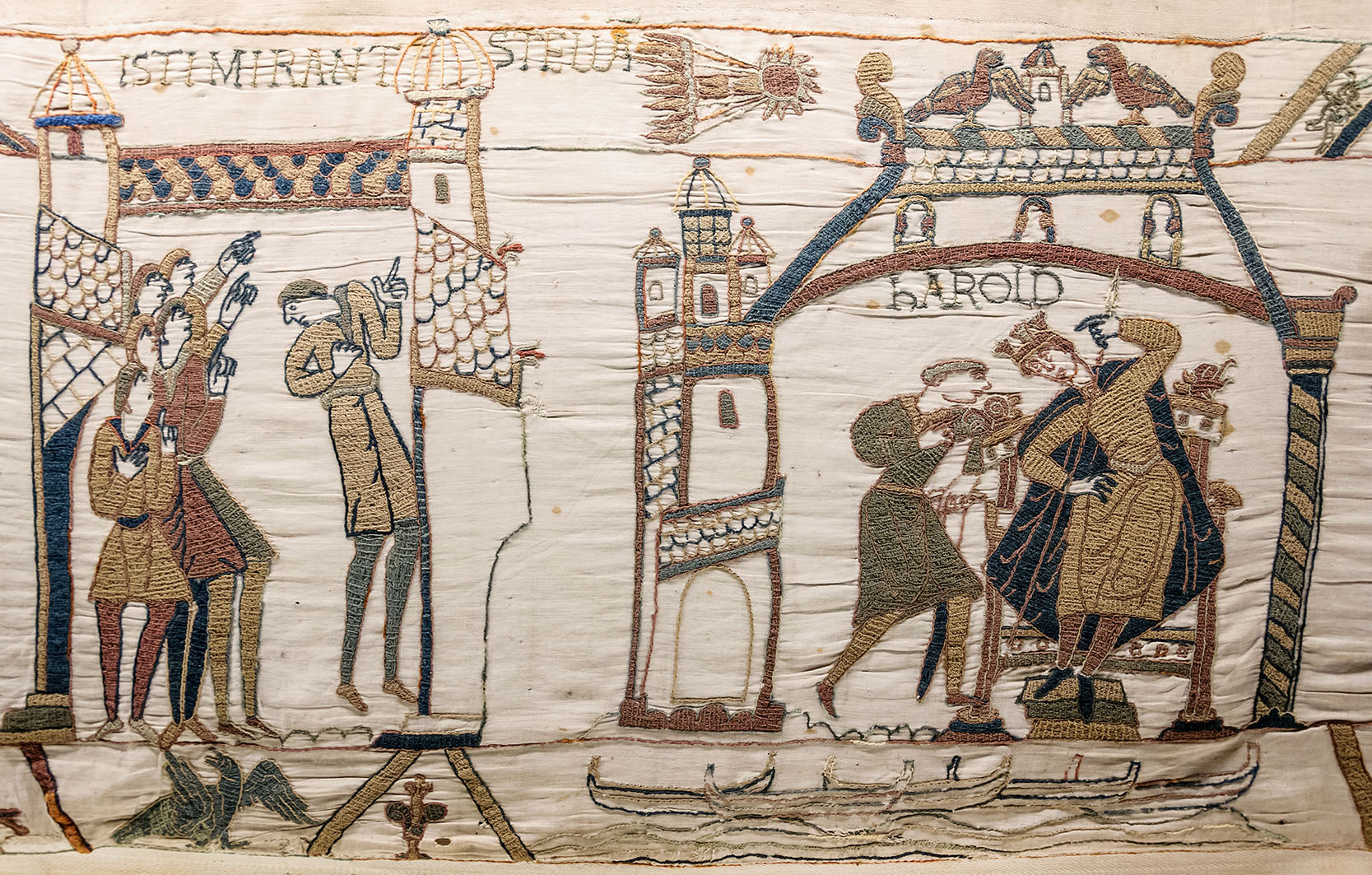 The Bayeux Tapestry (detail), probably English, circa 1077. Wool on linen, stem and outline stitches with laid and couched infill; 0.49/0.52 x 70.35 m (1' 7"/1' 8" x 230' 10"). Museum Bayeux