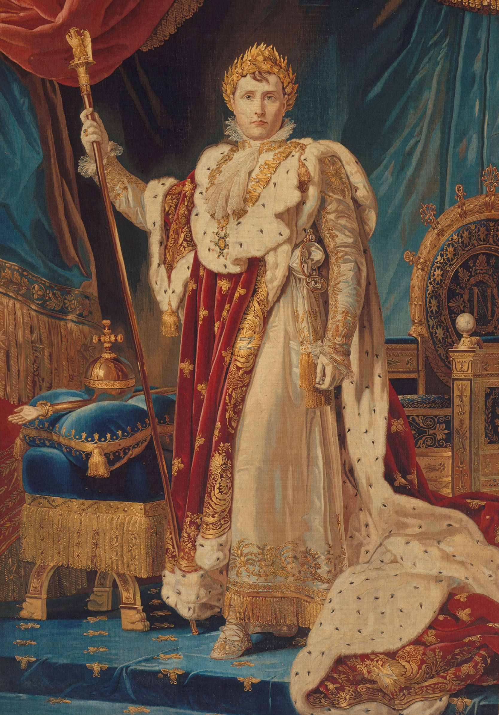 Portrait of Napoleon I, after a painting by Baron François Gérard (1770–1837), Manufacture Nationale des Gobelins, woven 1808–11. Wool, silk, silver-gilt thread (26–28 warps per inch, 10–12 per cm); 1.46 x 2.22 m (4' 10" x 7' 3"). Metropolitan Museum of Art, New York, Purchase, Joseph Pulitzer Bequest, 1943, 43.99