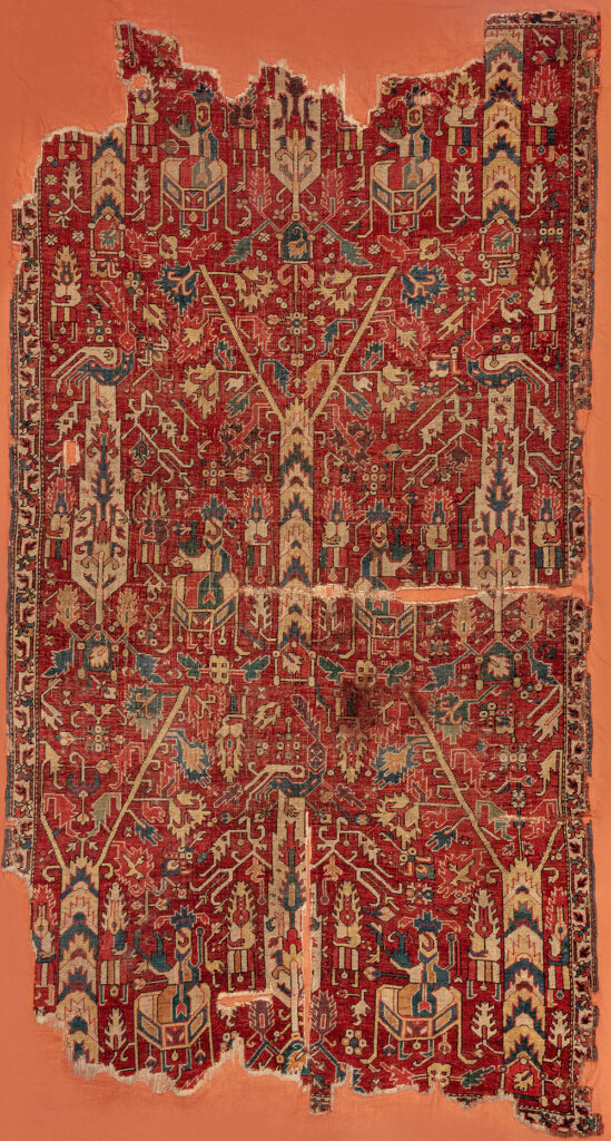 Carpet fragment, Azerbaijan, 17th/18th century. Warp: wool, Z2S; bottom weft: wool, light brown, Z2S; top weft: wool, light brown, Z2S; pile: wool, 2Z, h. 2-3 mm; symmetric knot, density: 34 x 36 sq.dm; 1.35 x 2.60 m (4' 5" x 8' 6"). TIEM, Istanbul, inv. no. 887-75