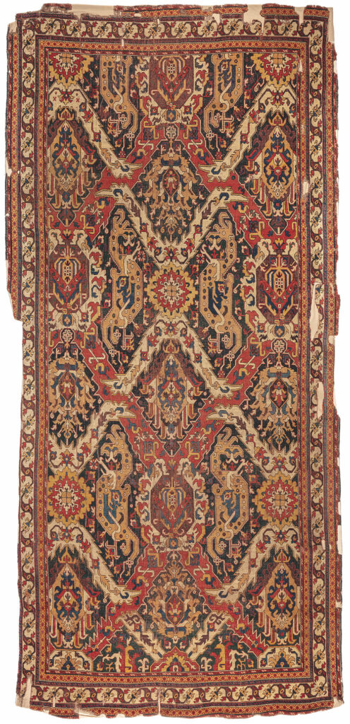 ‘Dragon’ carpet, Azerbaijan, 17th century. Warp: wool, Z2S; bottom weft: wool, light red, 2Z; top weft: wool, light red, 2Z; pile: wool, 2Z, h. 2-3 mm; symmetric knot, density: 32 x 32 sq.dm; 2.20 x 4.70 m (7' 3" x 15' 5"). TIEM, Istanbul, inv. no. 904