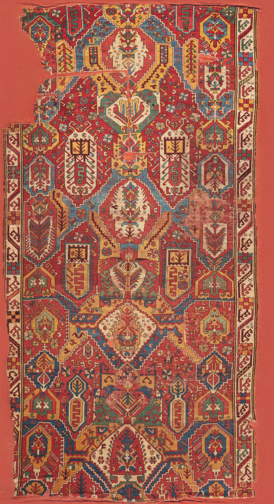 ‘Dragon’ carpet, Azerbaijan, 18th century. Warp: wool, Z2S; bottom weft: wool, red, 2Z; top weft: wool, red, 2Z; pile: wool, 2Z, h. 2-3 mm; symmetric knot, density: 34 x 34 sq.dm; 2.01 x 3.84 m (6' 7" x 12' 7"). TIEM, Istanbul, inv. no. 97