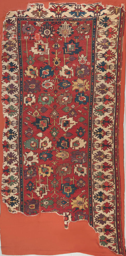 ‘Afshan’ carpet, Azerbaijan, 18th century or earlier. Warp: wool, Z2S; bottom weft: wool, red, Z2S; top weft: wool, red, Z2S; pile: wool, 2Z, h. 2-3 mm ivory; symmetric knot, density: 24 x 40 sq.dm, 1.50 x 3.08 m (4' 11" x 10 1"). TIEM, Istanbul, inv. no. 860