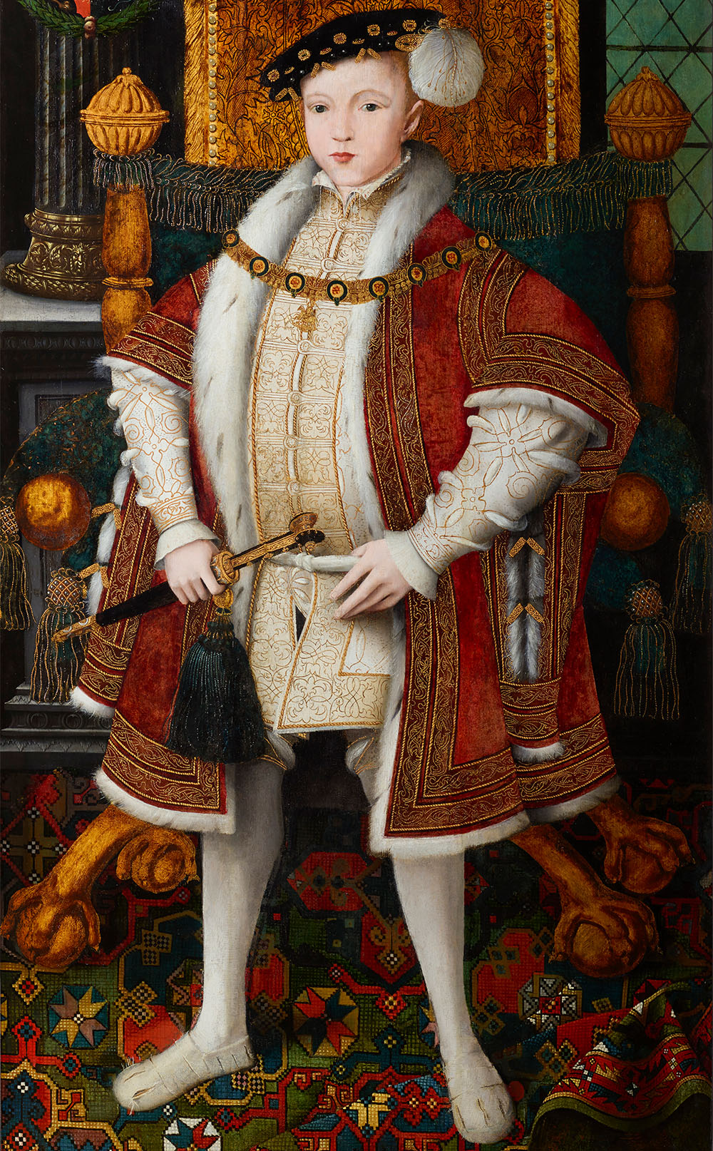 Portrait of Edward VI, workshop associated with ‘Master John’, ca. 1547. Oil on panel. National Portrait Gallery, London and honeysuckle, with the cipher ‘HA’ for Henry VIII and Anne Boleyn. 0.38 x 2.69 m (1' 3" x 8' 10"). Burrell Collection, Glasgow Museums, 29.178a & b